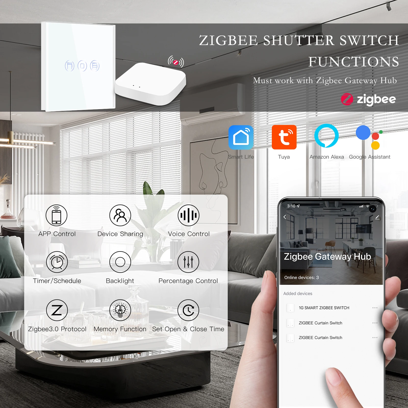 Bseed ZigBee Roller Shutter Switch Smart Wall Switch Intelligent Blinds Switches Tuya Smart Life APP Google Alexa Control