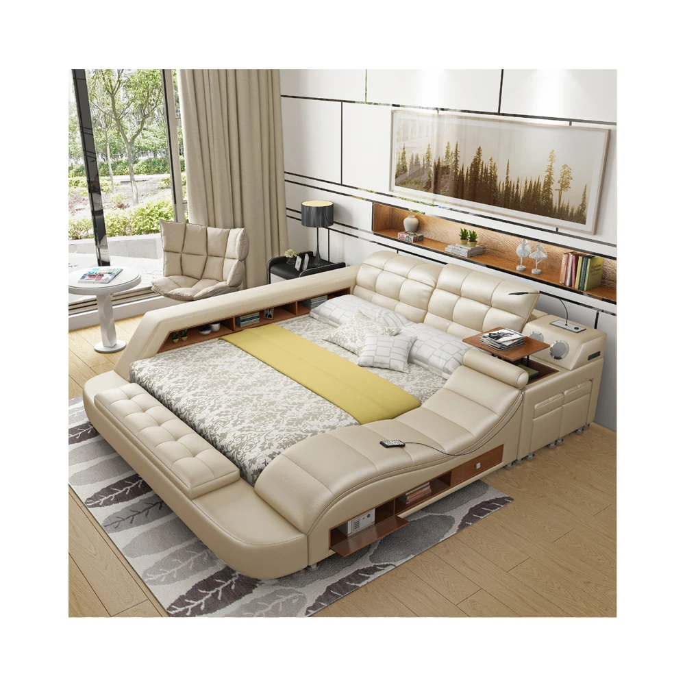 Modern Bedroom Storage Leather Bed Multifunction Massage Tatami Bed Smart Bed With USB Charge and Speaker