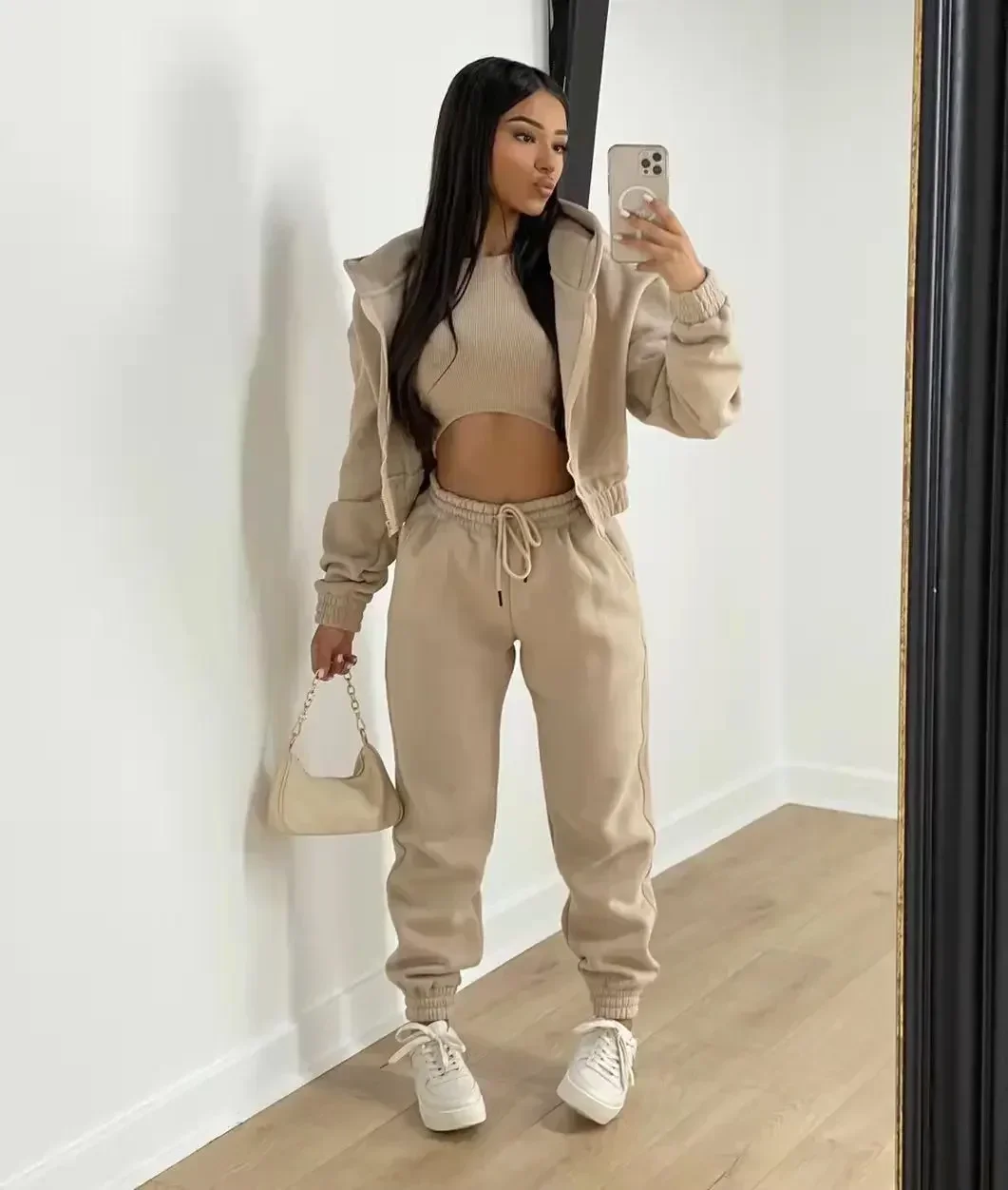

Sports hoodie set 2024 autumn and winter new item solid color simple hooded hoodie European and American women's clothing