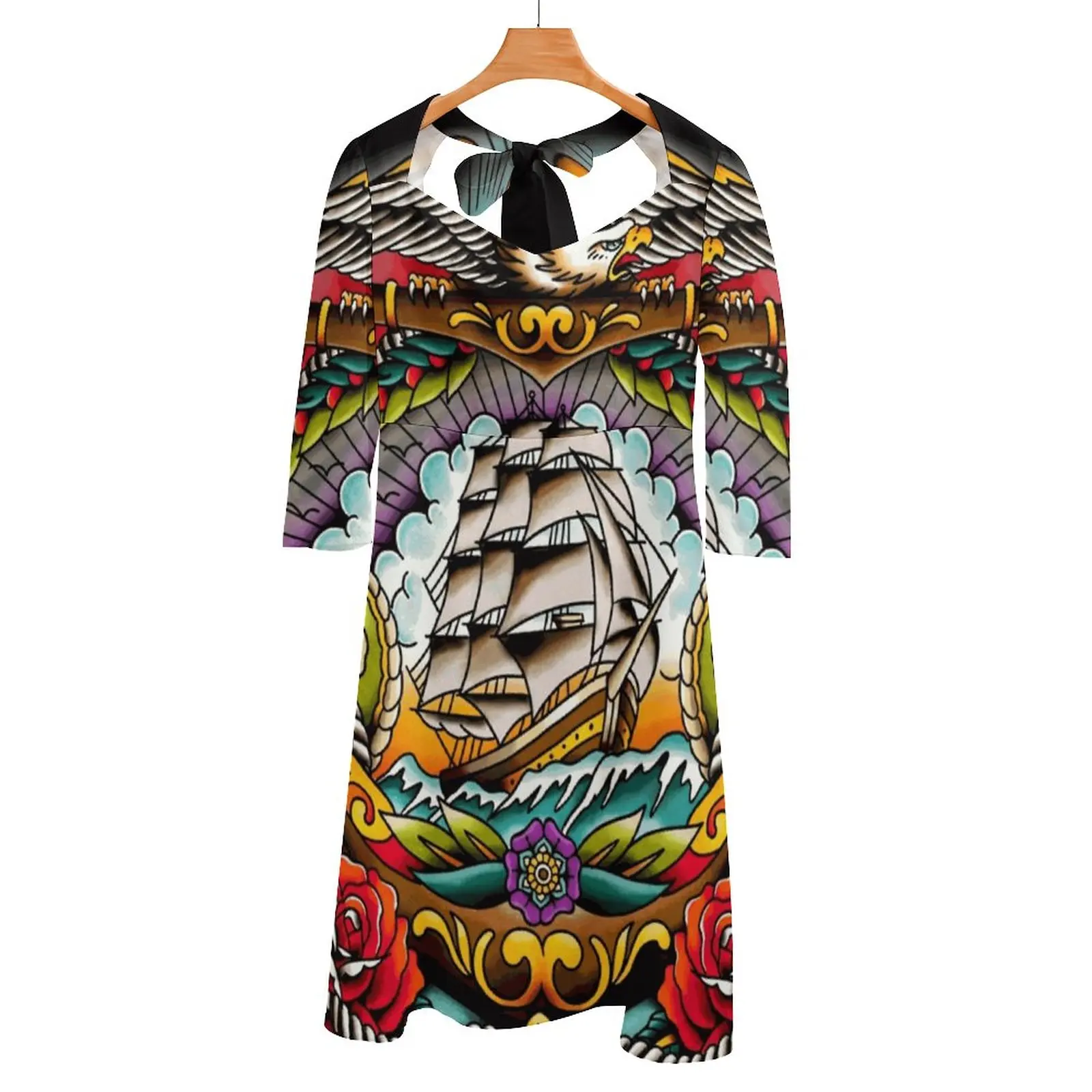 Old School Tattoo Eagle Ship And Snakes Back Lacing Backless Dress Square Neck New Plus Size Elegant Women Dress Ship Tattoo