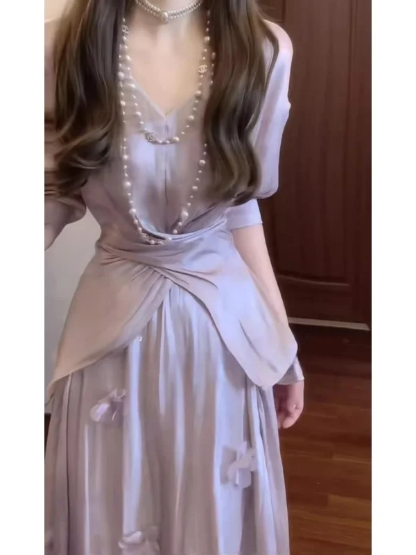 Elegant Purple V-Neck Long Sleeve Top High Waist  Skirt Two-Piece Set Women Summer Outfit Complete Set Ladylike Commute