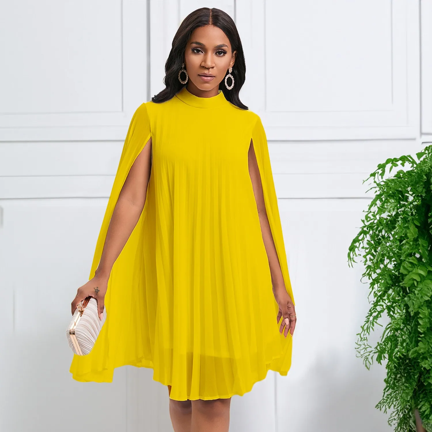 Chiffon Dress Cape Sleeve Yellow Midi Dresses Round Neck Long Sleeve Maxi Dress High Waist Pleated A Line Dress White Red
