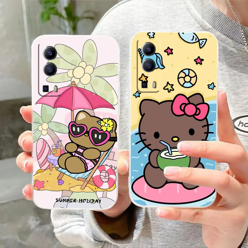 Clear Phone Case For VIVO Y30 Y32 Y33S Y50 Y51S Y52S Y53S Y55S Y66 Y77 Y93 Y95 Y97 V20 5G 4G Case Funda Beach Black Hello Kitty