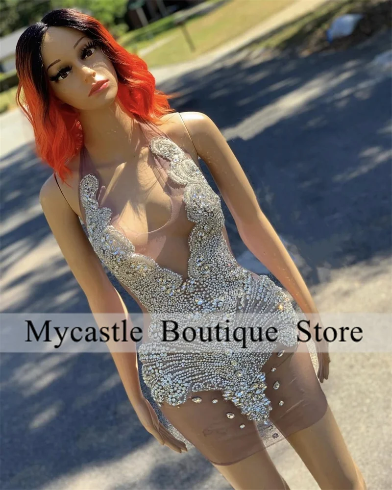 Customized Silvers Beaded Rhinestones Short Prom Dress For Black Girl 2025 Crystal Diamond Mini Cocktail Dress Homecoming Dress