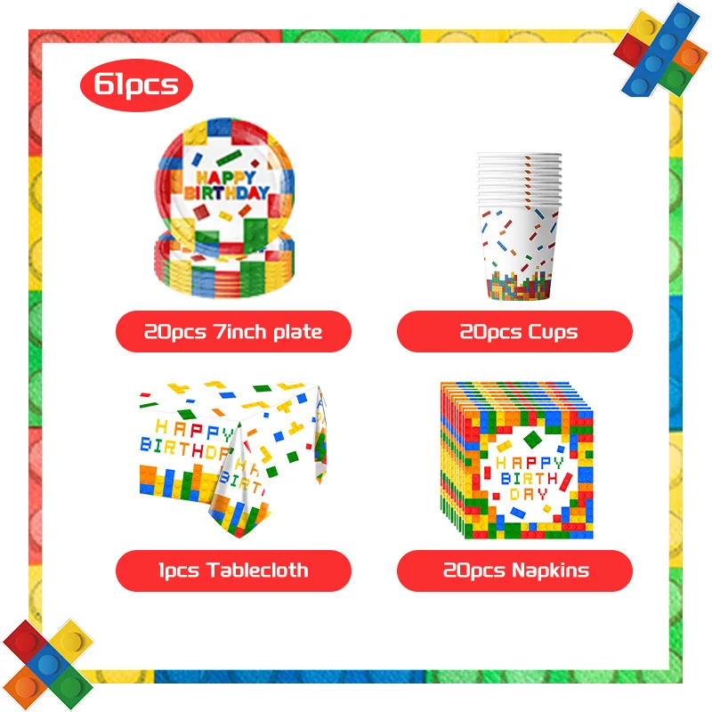 Building Block Birthday Party Decorations Cake Toppers Candy Box Paper Cup Plate Building Block Balloon For Kid Party Decoration