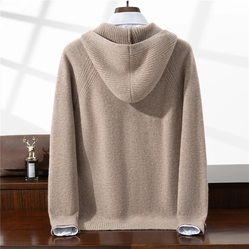 Men's Hooded Knit Sweater Autumn Winter New Cardigan Tops 100% Wool Slim Solid Color Sweatercoat Jacket