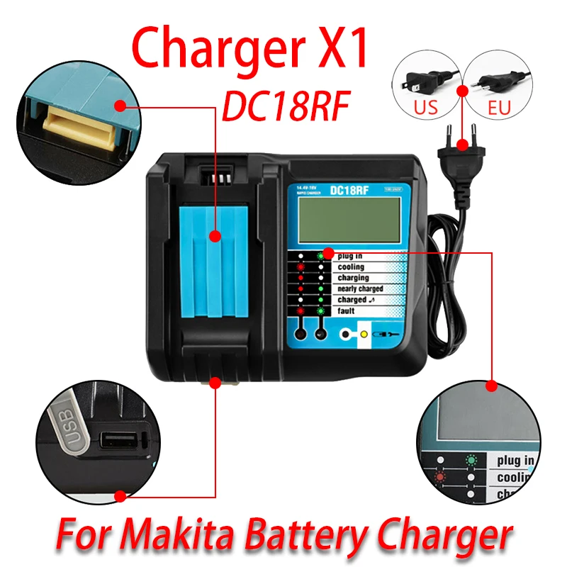 

14.4V/18V 3.5A Li-Ion Battery LCD Screen Charger for Makita 14.4V/18V BL1830 BL1815 BL1430 DC14SA DC18SC DC18RF with USB port