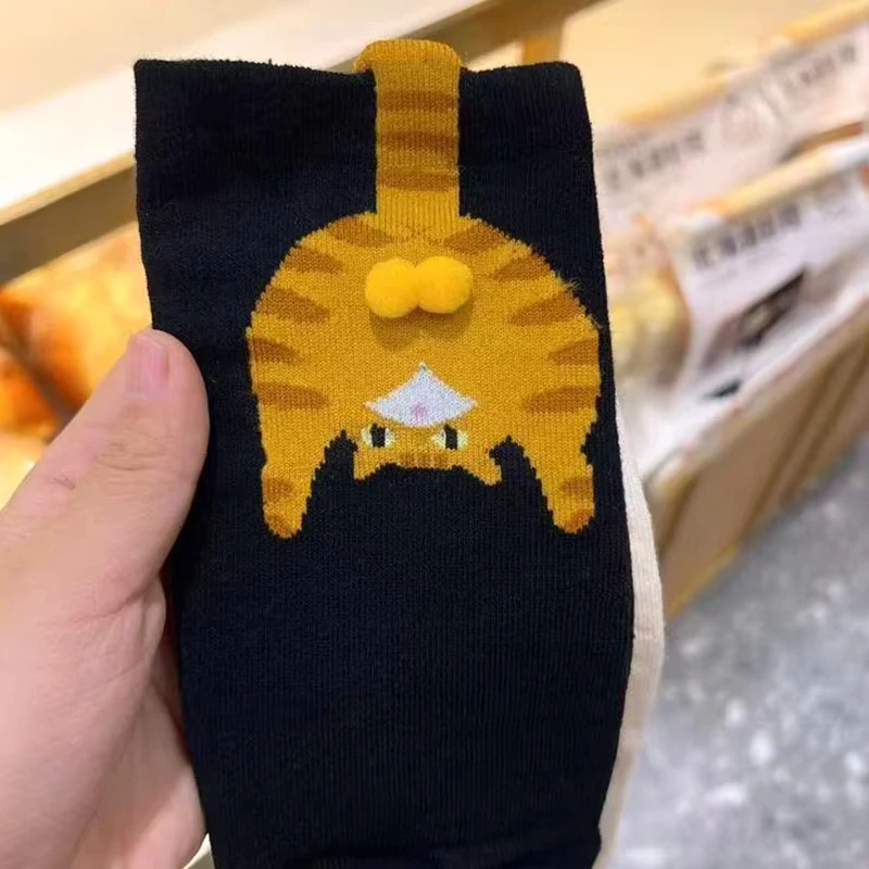 1 Pair Cartoon Cat Pattern Socks With 3d Cat Eggs For Women Breathable Soft Middle Tube Socks Gifts For Cat Lovers 2025 New