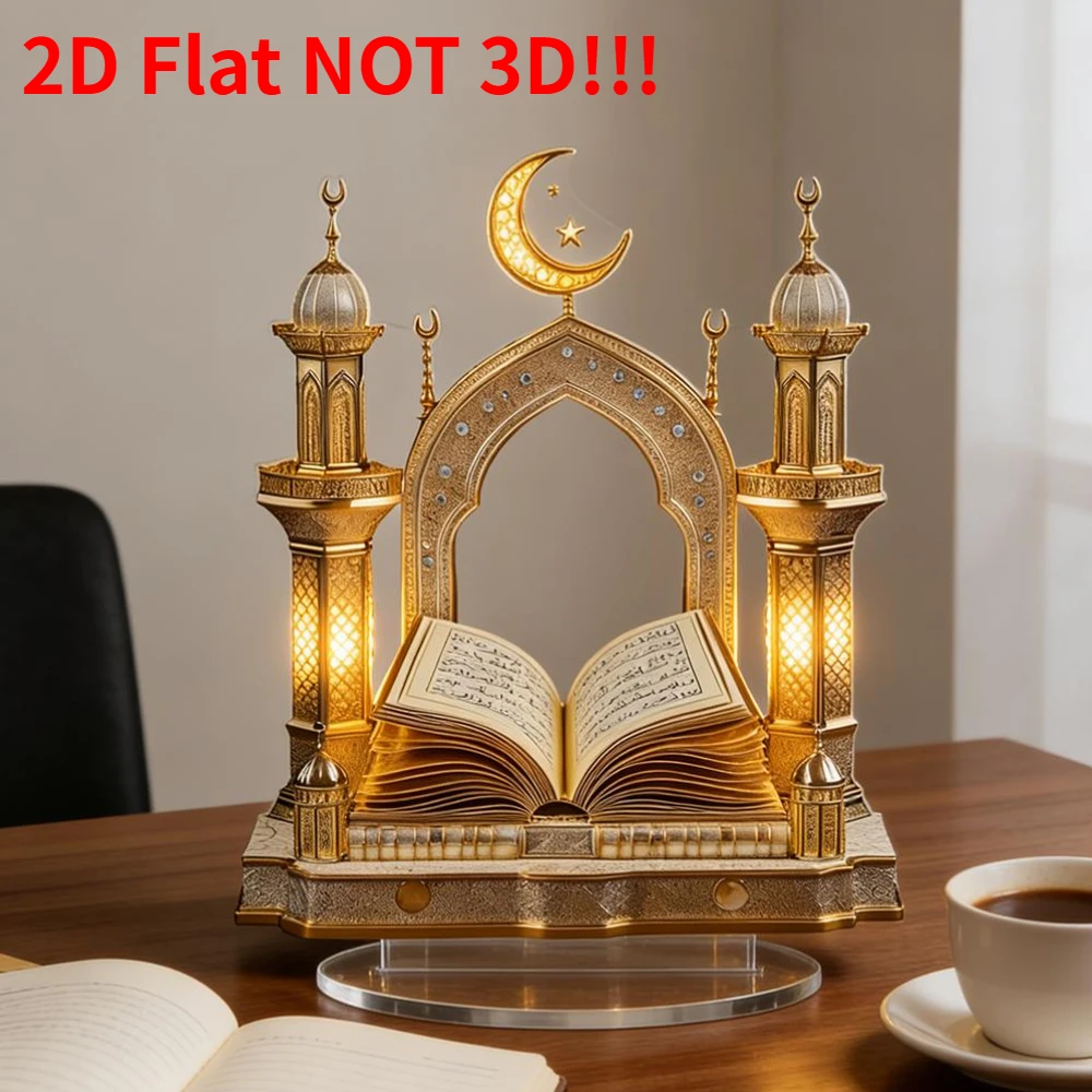 1 Stück 2D Flacher Koran-Schmuck Desktop-Dekoration Ramadan Mond Stern mit Sockel für Eid Al Fitr Heim- und Küchendekoration Eid-Geschenke