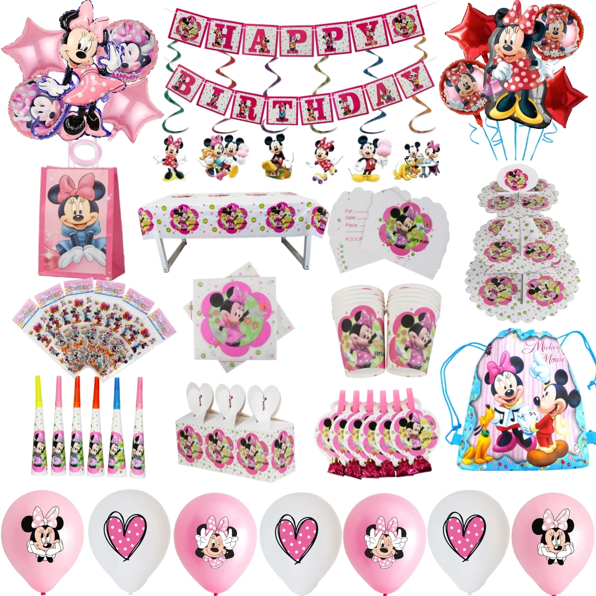 

Cartoon Minnie Mouse Girl Birthday Party Tableware Balloon Cake Rack Birthday Ornament Non-woven knapsack Baby Shower