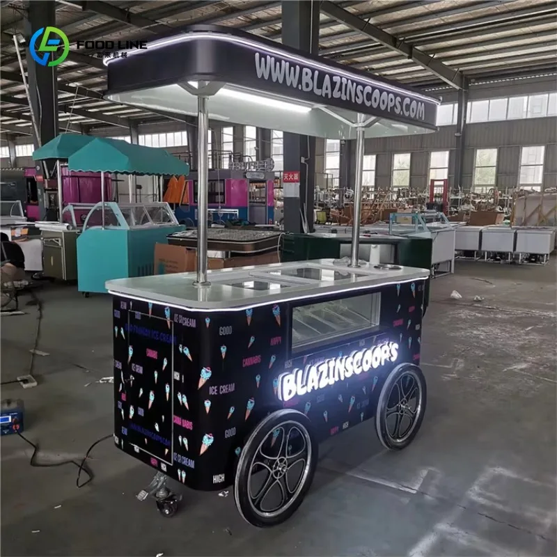 Mobile Ice Cream Trolley Vending Cart with Freezer Popsicle Display Showcase for Party Park Street Sale Vendor
