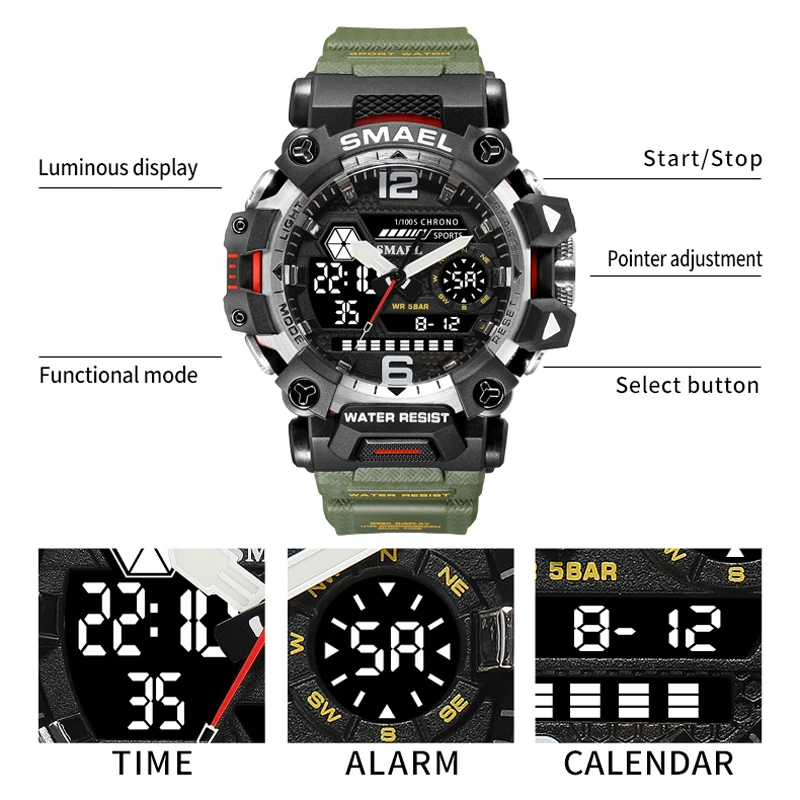 SMAEL Top Luxury Brand Sport Men Watch Military Army Waterproof Wristwatch Fashion Mens Double Display Quartz Watches