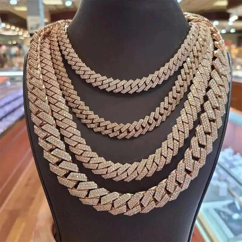 

Hip Hop 2 Row 10mm Vvs d Color Moissanite Silver 925 Plated 18k Rose Gold Moissanite Cuban Link Chain for Man