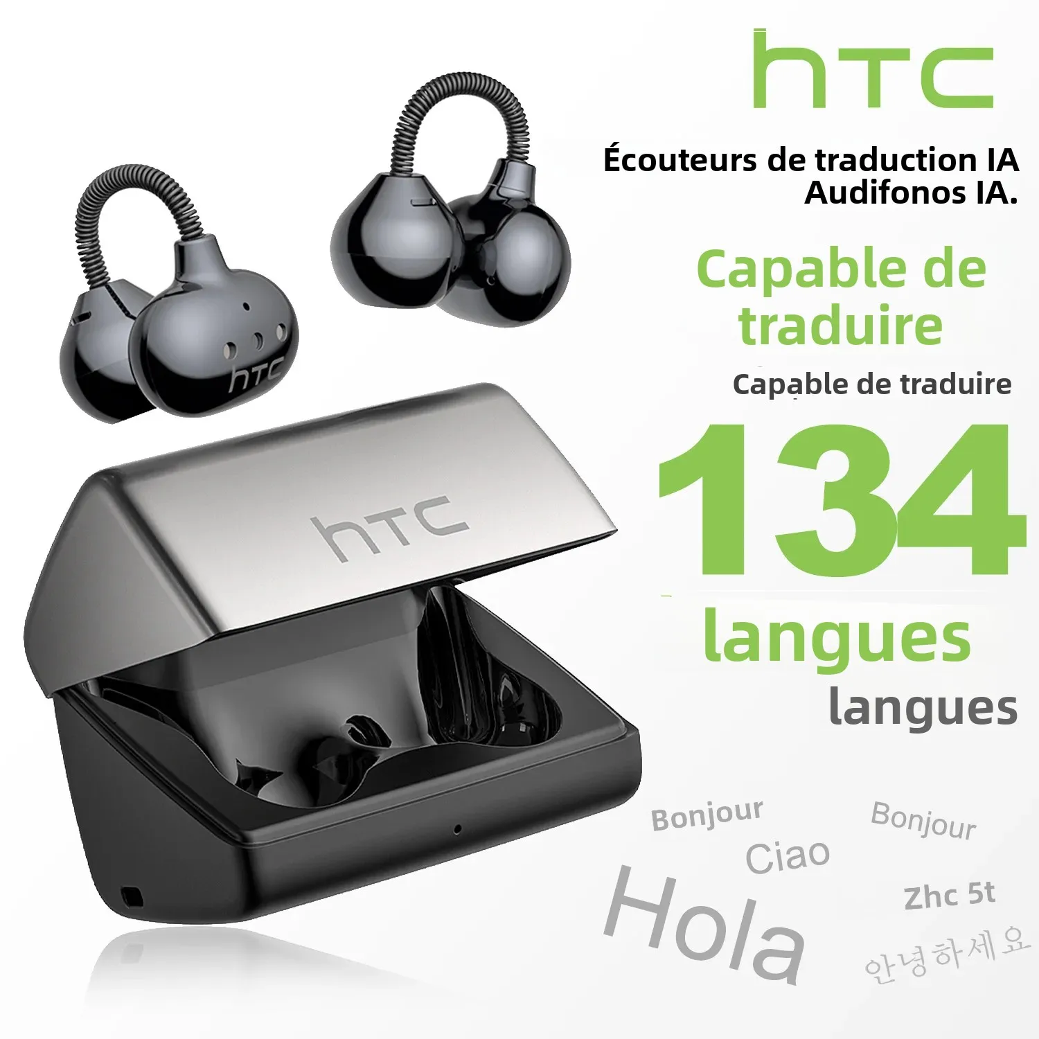 [Écouteurs Traducteurs IA] Écouteurs Bluetooth V6.0 HTC NE67, Casque Sans Fil Portable Confortable avec Clip d'Oreille et Chaîne de Suspension
