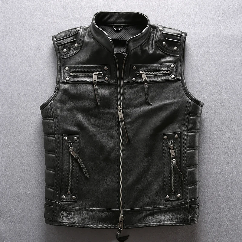 

5 days arrival, Men's Professional Motorcycle Biker Sleeveless Jacket Genuine Leather Vest New Rivet Cowskin Black Vest