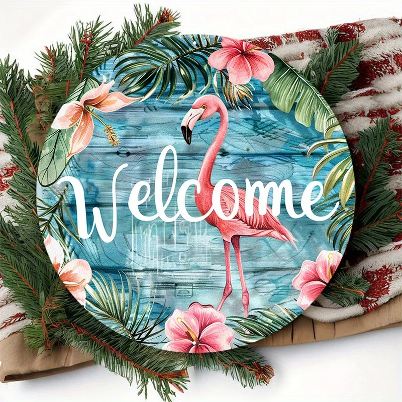 1pc Charming Flamingo & Tropical Leaves Welcome Sign - 19.99X19.99cm Aluminum, UV & Scratch Resistant, Easy-Hang for Indoor/Outd