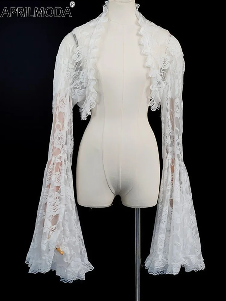 

Gothic Classic Lace Cover Ups Women Mesh Crop Top White 2026 See Through Sexy Flare Sleeve Blouse Y2k Black Rave Outfit Festival