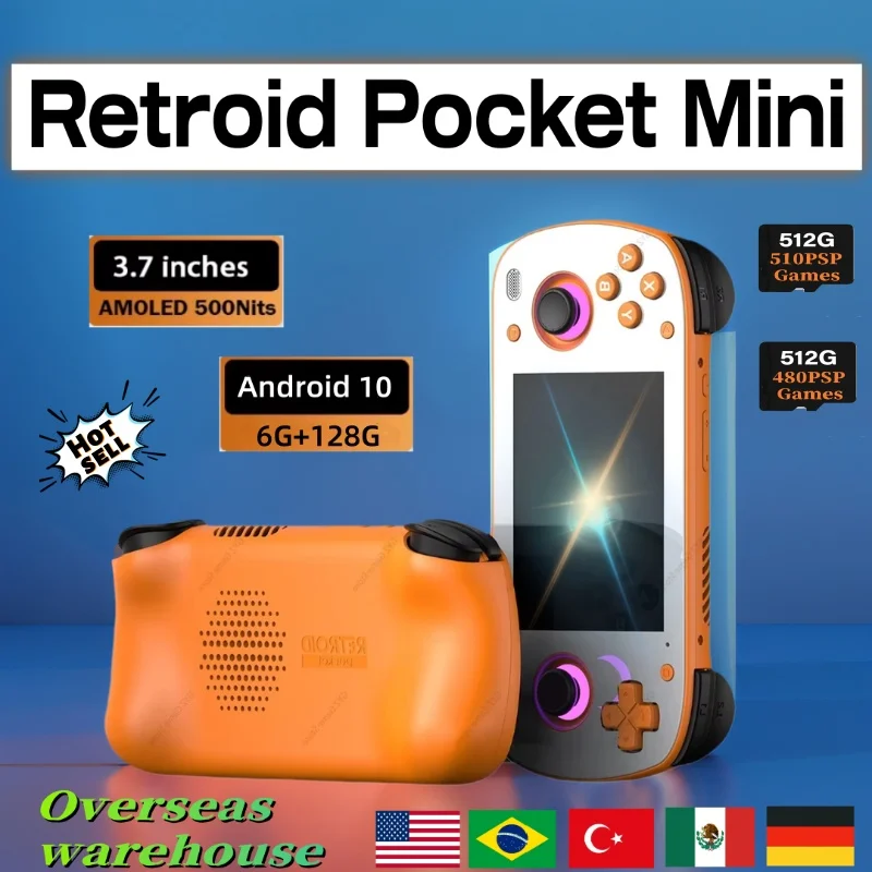 

Retroid Pocket Mini New Game Console 3.7 inch Organic LED HD Screen Retro Handheld Game Console Android 10 6G +128G Wifi PSP PS2