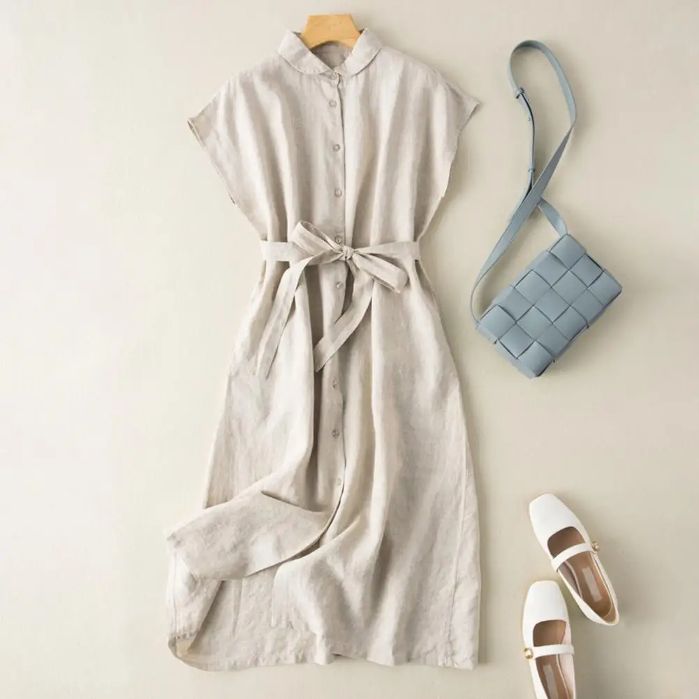 Baumwoll-Leinen-Kleid, Baumwoll-Leinen-Hemd mit Knopfleiste, Midikleid mit Gürtel für Damen, Strand-Partykleid mit Kragen, stilvoll für Damen