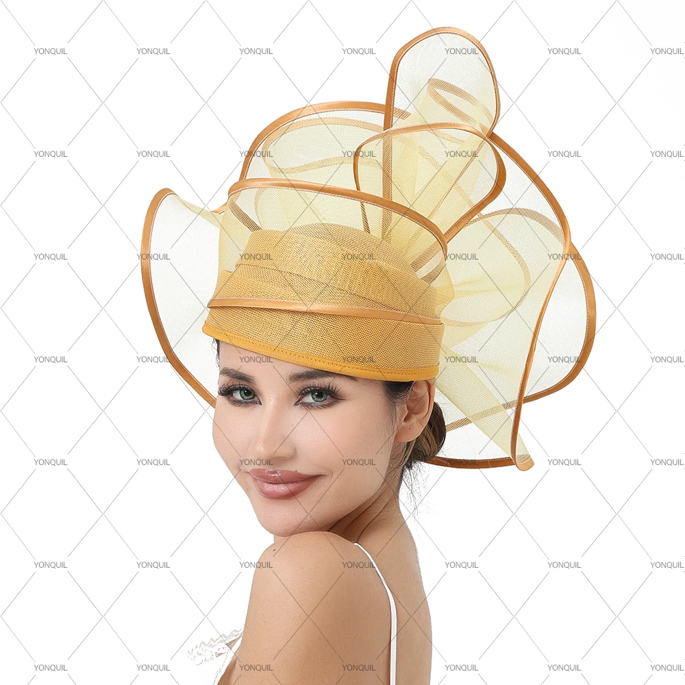 Women Beige Large Flower Fascinator Kentucky Derby Hat Sinamay Church Hat For Wedding Headwear Headband Hat Cocktail Tea Party
