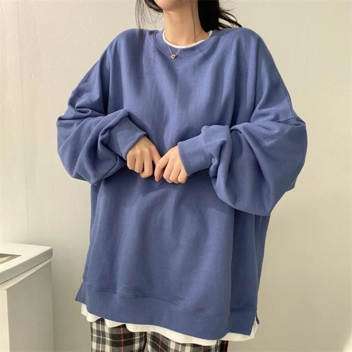 Women Cotton Layered Look Sweatshirt Loose BF Solid Color Fleece Winter Top