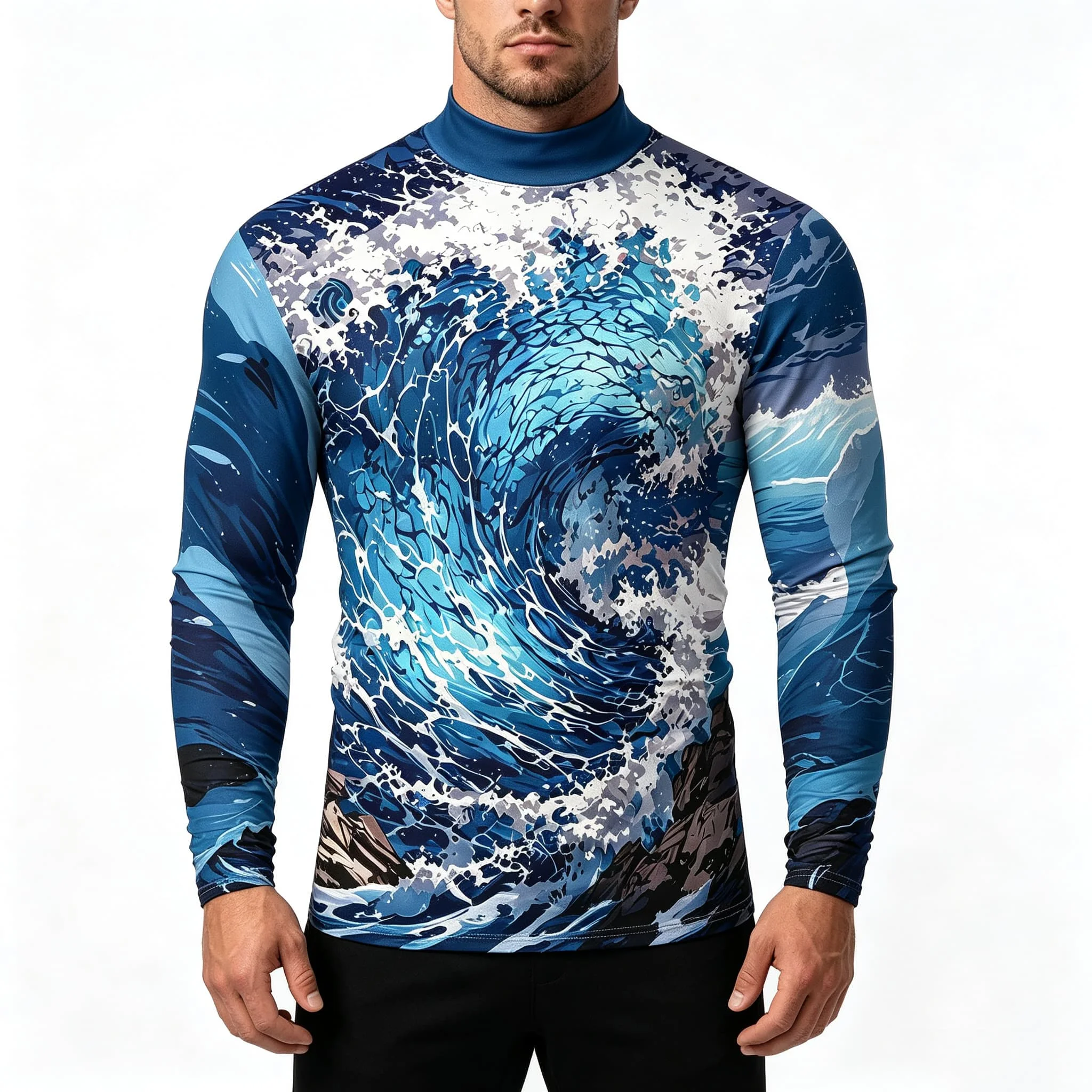 Vintage Ocean Surf Wave Print Men Mock Neck Long Sleeve Tee Nature Landscape Graphic Top For Daily Casual Wear - view 5