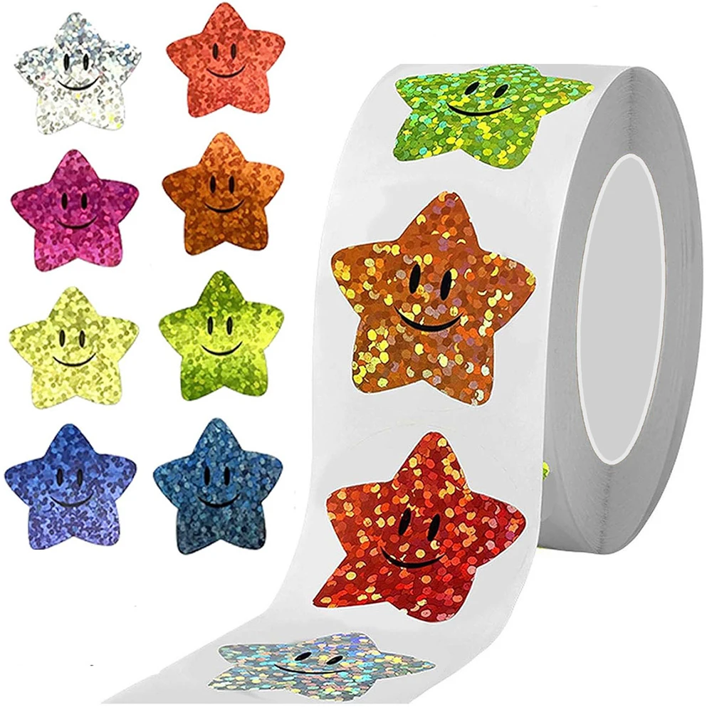 500 uds/rollo de pegatinas de estrellas brillantes para niños, pegatina de recompensa, decoración de fiesta de regalo, etiqueta para pequeñas empresas, pegatinas de papelería para álbum de recortes