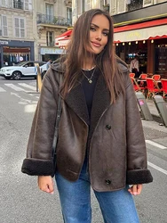 Casual Revers Dicke Faux Leder Jacken Frauen Vintage Einreiher Warme Wolle Mischungen Mäntel Weibliche Winter High Street Outwears