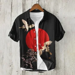 Men's Stand Collar Short Sleeve Shirt Comfortable Bamboo Linen Fabric Crane Print Men's Top Hawaiian Casual Loose Shirt