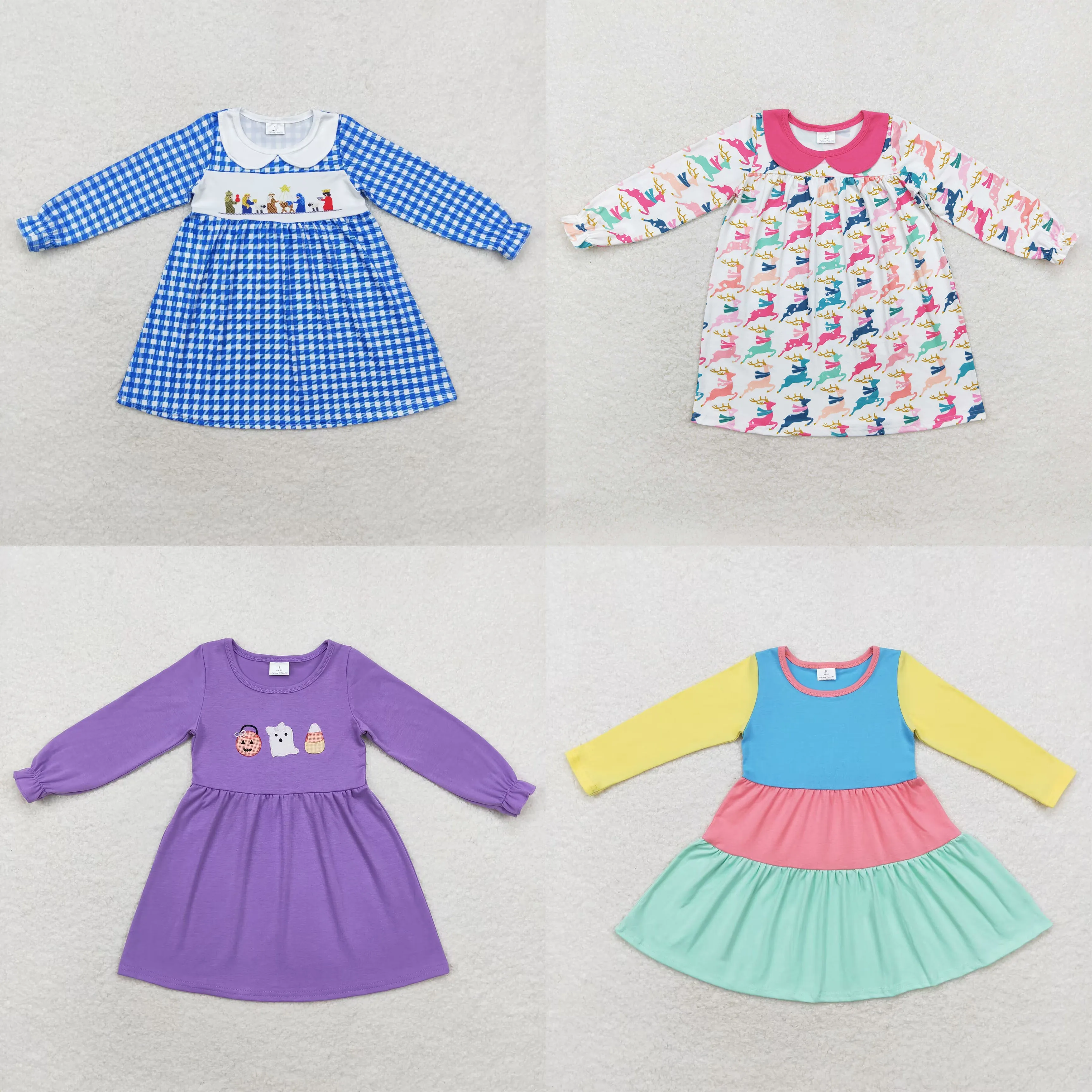 Wholesale Baby Girls Children Long Sleeves Embroidery Pumpkin Ghost Candy Clothing Kids Infant Toddler Halloween Purple Dress