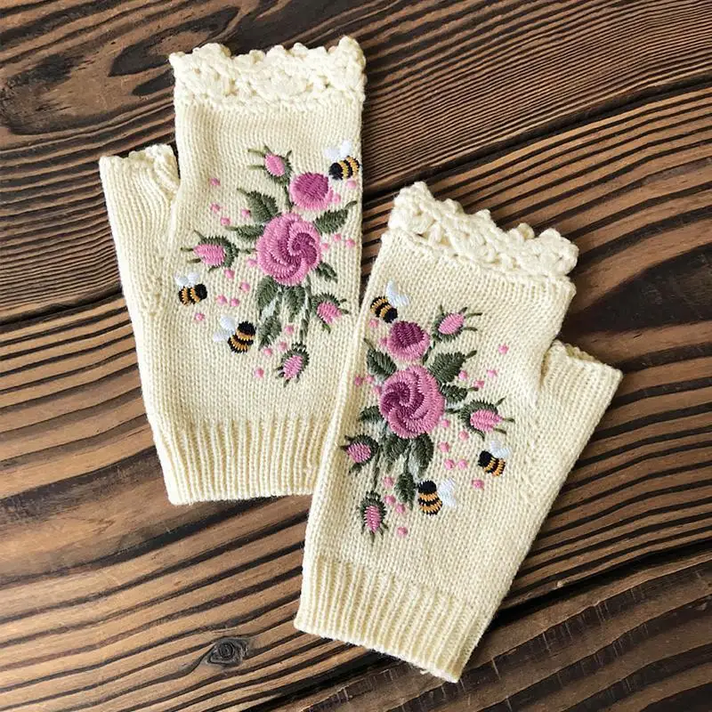 Niedliche Vintage-Handschuhe mit Stickerei, gestrickt, Bienenmuster, halbe Finger, fingerlose Handschuhe, koreanischer Stil, warme Winter-Wollhandschuhe, für den Außenbereich – Detail 2