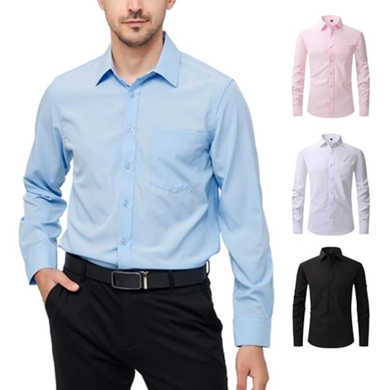 

Men's Dress Shirts Wrinkle Resistant Ironless Breast Pocket Trendy Quality Tops Stretch Breathable Long Sleeve Shirt Man Clothes