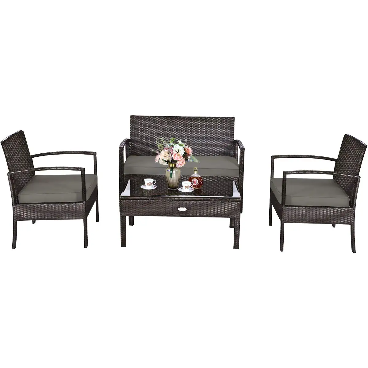 4-Piece Patio Furniture Set, Garden Pool Lawn Rattan Wicker Conversation Set, Loveseat Sofa Cushioned Seat & Glass, Customized