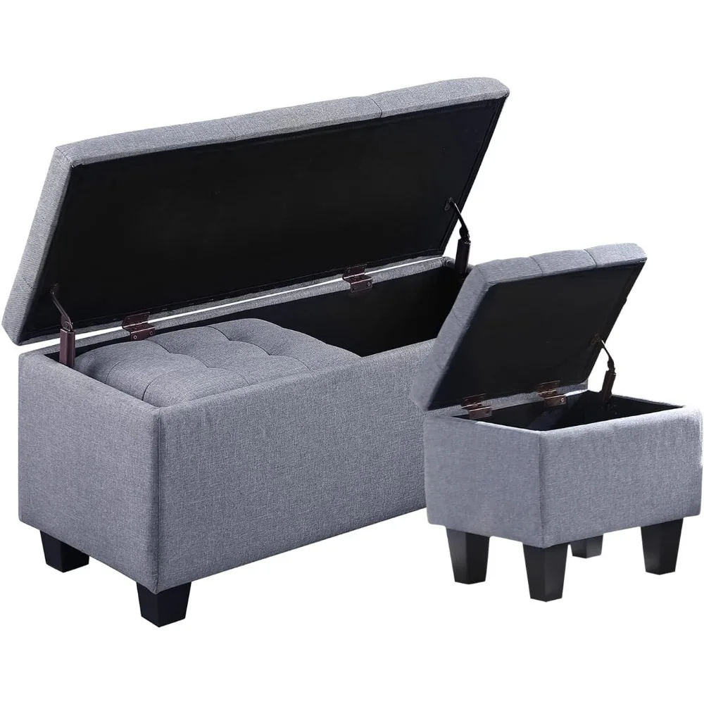 

Hinged Storage Ottoman Set of 3, 38'' Living Room Storage Bench with Thick Seating, 2pcs Small Square Dorm Stool Couch Side Foot