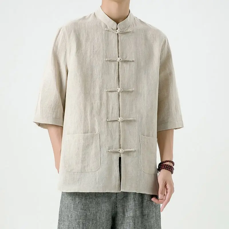 

Summer Men's Zhongan Cotton Linen irt Thin Seven-Quarter Sve Traditional Chinese Sle Casual Faionable Hanfu Clothing