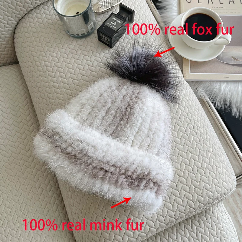 2024 New Women Winter Mink Fur Hats Knitted Real Mink Silver Fox Fur Ball Caps Female Russian Warm Beanies Hat Fur Hat