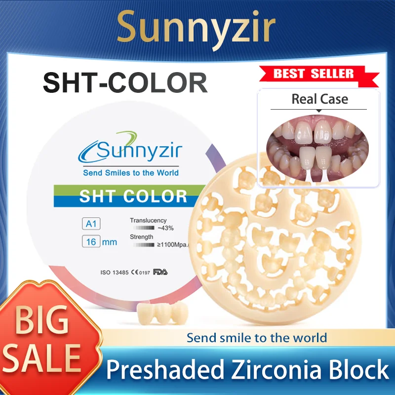 Preshaded Dental Zirconia Block Sunnyzir Flexural Strength Ultrasonid Dental CADCAM For Tooth Gems Zirconium Blank SHT