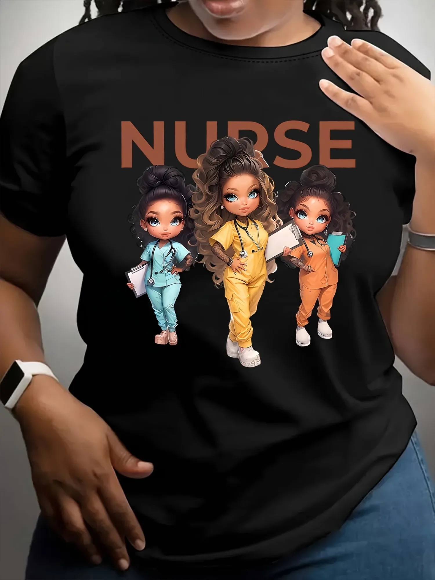 

Women's Nurse Day Celebration T-Shirt - Vibrant Purple Cartoon Nurse Design with 3 Cheerful Nurses Bold NURSE Lettering