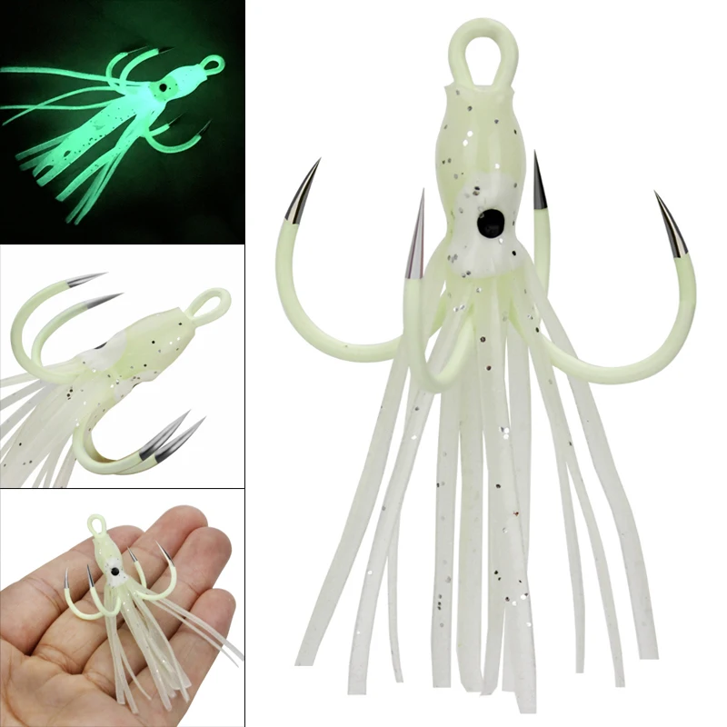 

18# 3g Fishing Lures Luminous Octopus Squid Hook Soft Skirts Lure with 4 Hooks