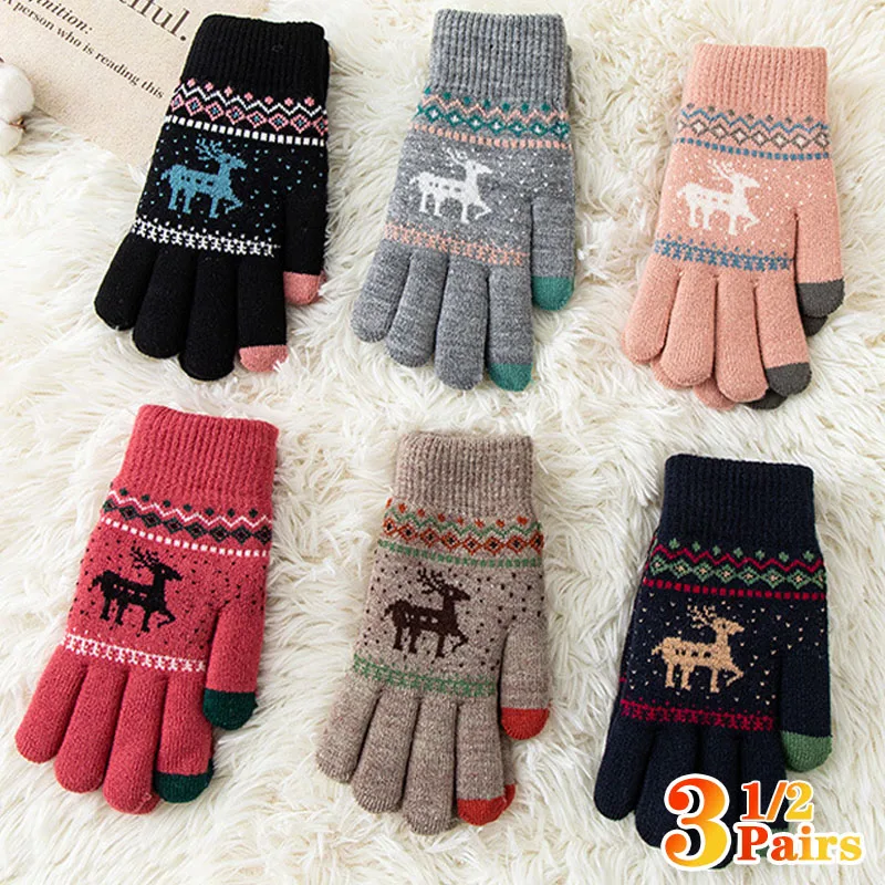 Winter Deer Knitted Gloves Thickened and Warm Christmas Deer Knitted Gloves Windproof Full Finger Gloves Outdoor Riding Gloves