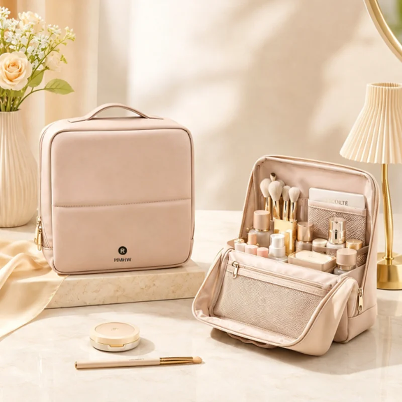 Large Capacity Travel Makeup Bag, Multi-compartment Cosmetic Organizer with Handle