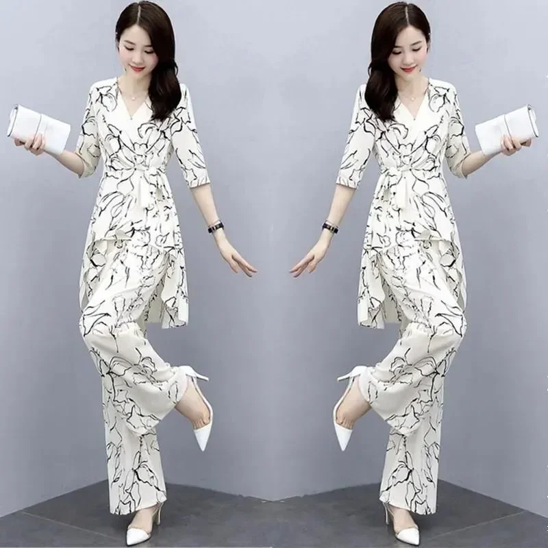 Women Two Piece Sets New Spring Summer Chiffon Print Top High Waist Wide Leg Pants Casual Fashion Suit Female Plus Size Clothing