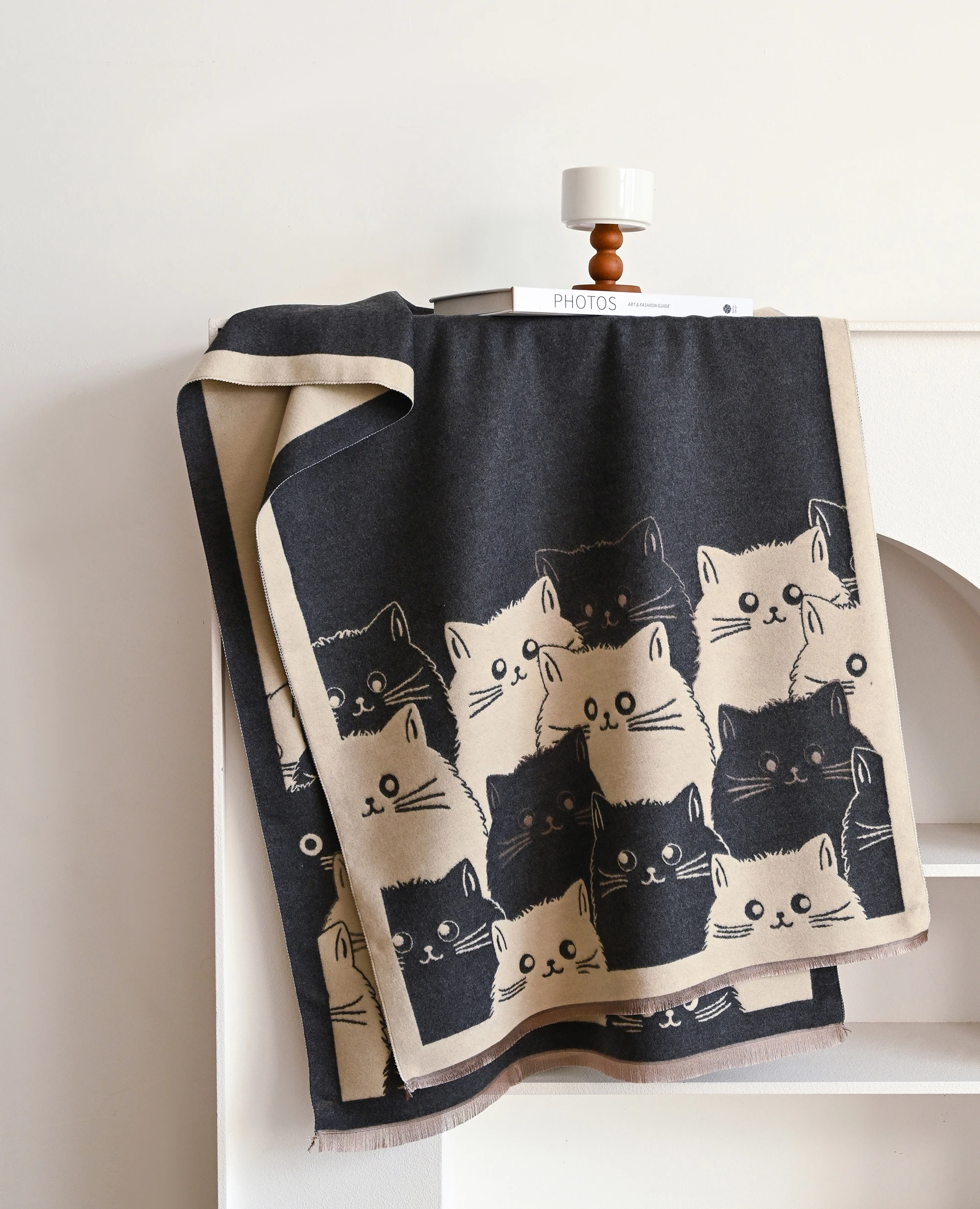 Cute Cartoon Cat Print Double Sided Scarf, Fringe Edge Soft Cashmere Feel Large Shawl Wrap For Women Winter Daily Gift
