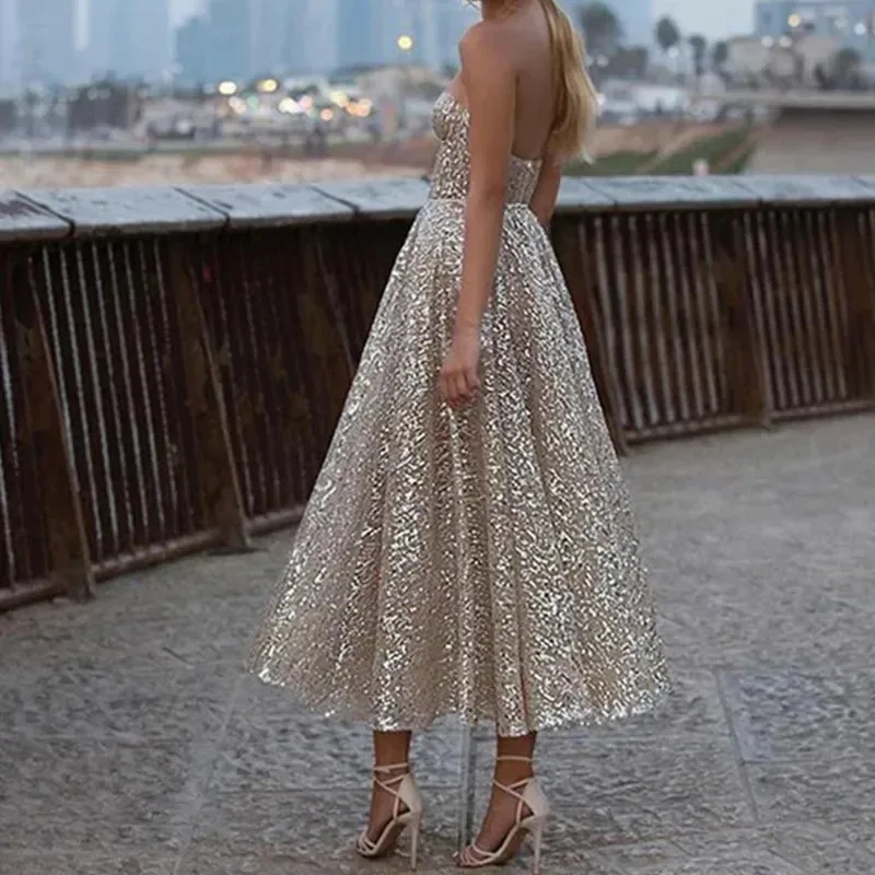 

Golden Sexy Deep V Tube Top Shiny Short Sweetheart Halter Neck and Ankle Long Bridal Gown Shiny 2022 Party Dress Ladies A IX4 BF