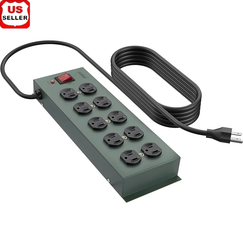 

10 Outlet Surge Protector Power Strip 15ft Heavy Duty Metal Extension Cord Wall Mount Safe Home Office Travel Charging