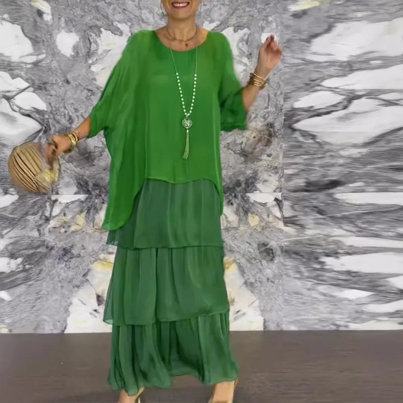 Female Elegant Floral Print Chiffon Boho Long Dress Spring Round Neck Women Pullover Dress Half Bat Sleeve Cake Skirt Dress