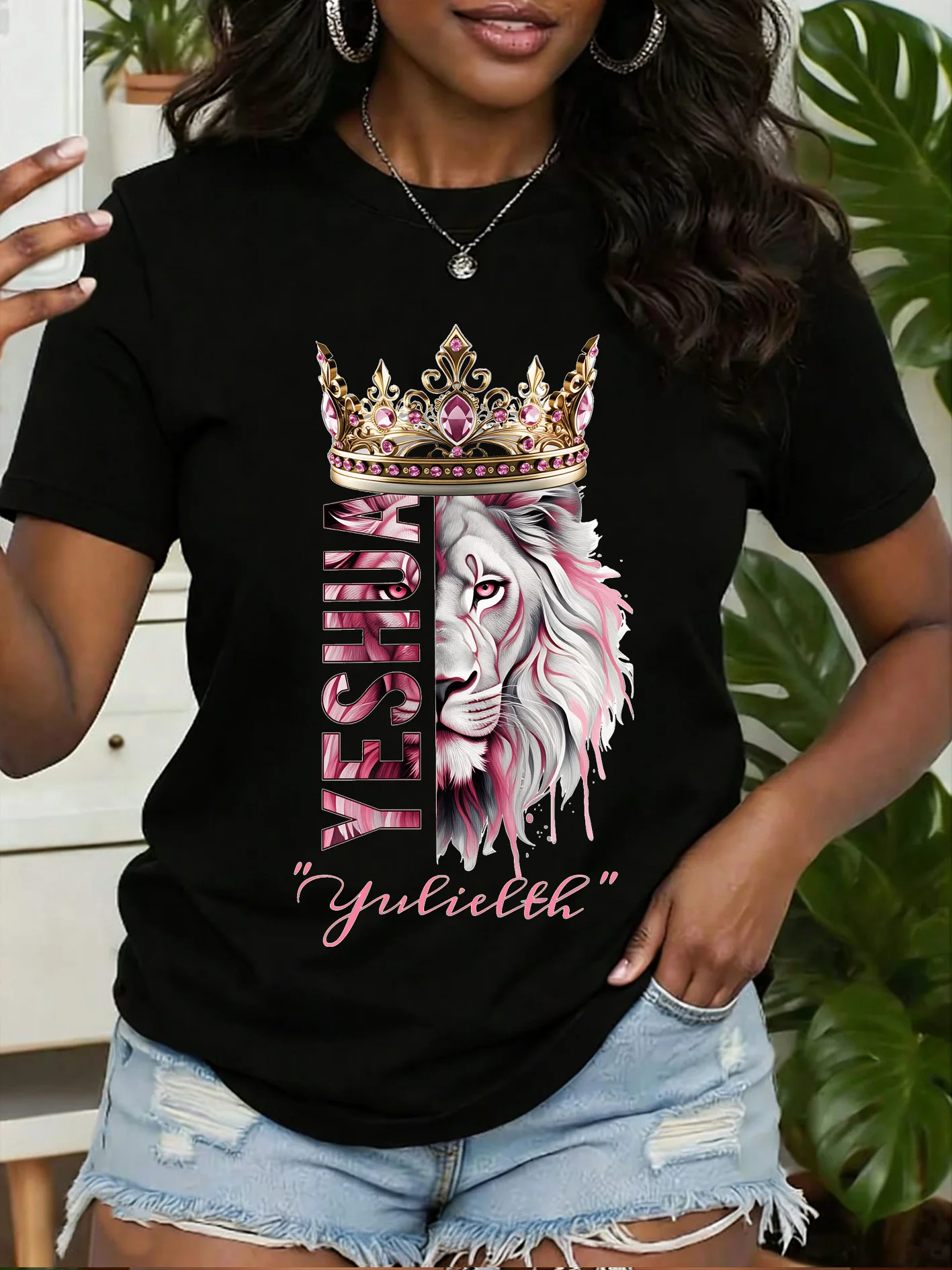 YESHUA Pink Diamond Crown Lion King Faith Printed Round Neck T-shirt Summer Women's Essential Casual Slimming Top Small Gift
