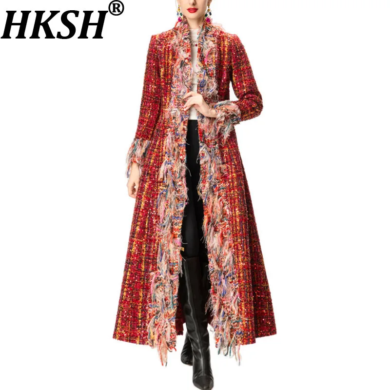 

HKSH осень-зима новая женская толстая твидовая куртка модное лоскутное пальто с блестками контрастного цвета роскошное элегантное длинное пальто HK15328