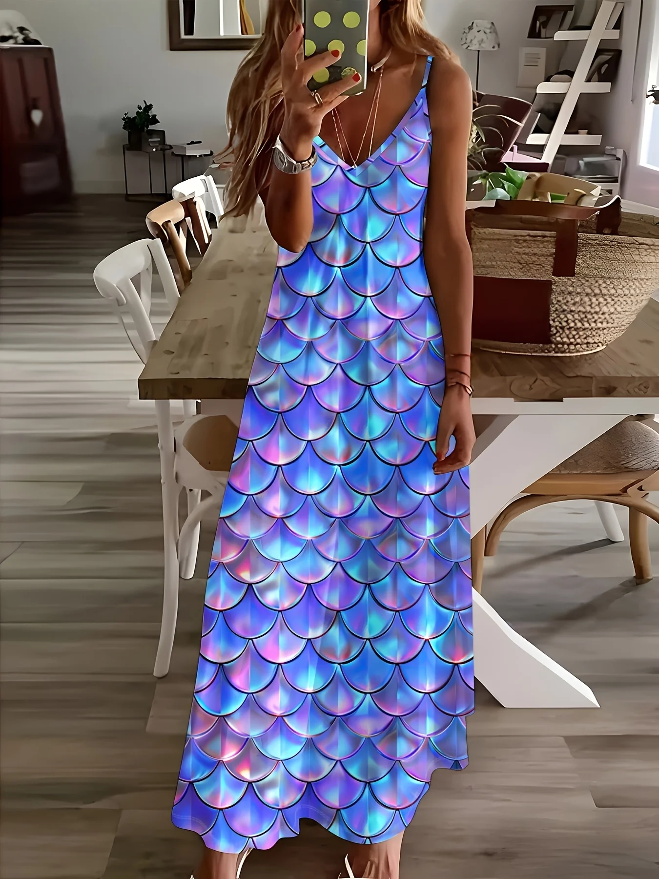 Printed Design Mermaid Scale Pattern Print Design Four Seasons elegant style casual style sling dress