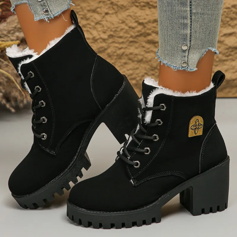 Women Retro Round Toe Chunky Heels Ankle Boots Autumn New High Heels Shoes Woman Lace Up Platform Short Booties Women Big Size